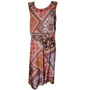 Christopher & Banks Dress Womens Size L Large Red Brown Patchwork Floral Stretch